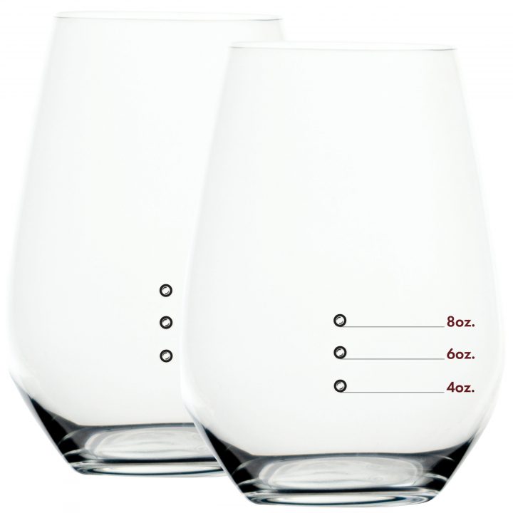 Stemless Measuring Wine Glass with Wine Measuring Marks with lines pointing to the measuring marks