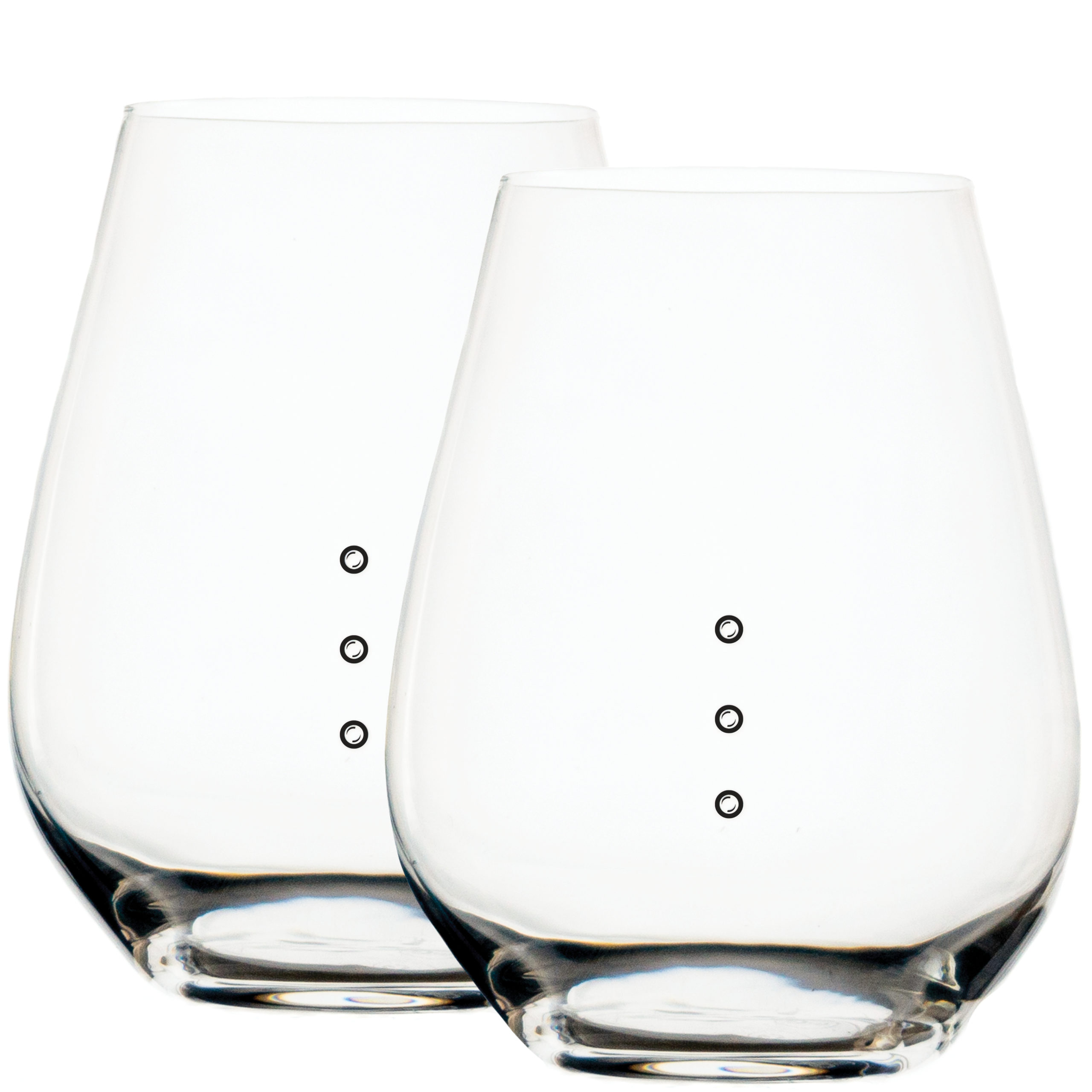 Elegance Stemless Measuring Wine Glass with three measuring wine marks - bubbles - that measure 4, 6, and 8 ounces