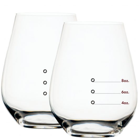Elegance Stemless Measuring Wine Glass with three measuring wine marks - bubbles - that measure 4, 6, and 8 ounces, with lines pointing to measuring marks
