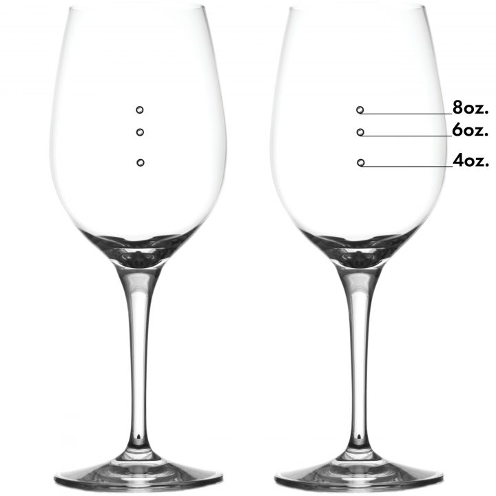 Two Medium Elegance Measuring Wine Glasses with lines pointing to three wine measuring marks