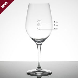 Happy Emoji Measuring Wine Glass with lines pointing to three Measuring Marks
