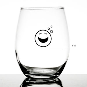Stemless Measuring Wine Glass with measuring line pointing to Big Smiling Emoji