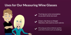 Cartoon versions of Mr. and Mrs. Picky showing measuring wine glass uses