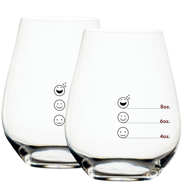 Happy Emoji Premium Measuring Wine Glass with lines pointing to Measuring Marks