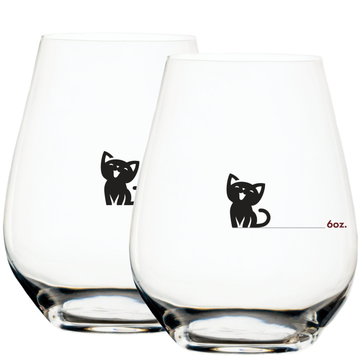 adorable black happy kitten displayed on two measuring wine glasses with text showing the 6 ounce measuring mark at the bottom of the cat