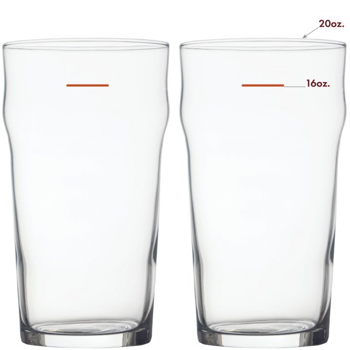 The backside of two beer glasses with a 16 ounce measuring line in the color of the University of Texas Longhorns. Text at the top shows that the glass is 20 ounces.