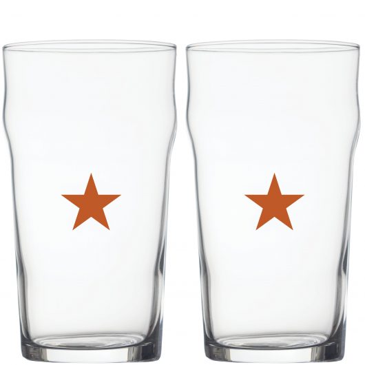 The front of two beer glass with Texas Lone Star in the color of the University of Texas Longhorns Star.