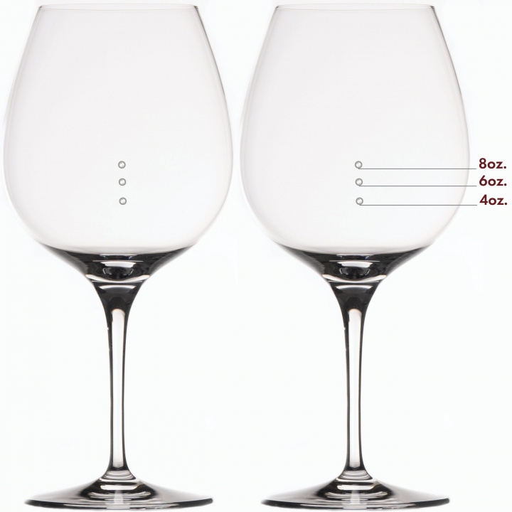 Two Extra Large Pinot Noir Glasses with lines pointing to three frosted measuring marks measuring 4, 6, and 8 ounces