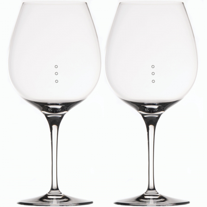 Two Extra Large Pinot Noir Glasses with three frosted measuring marks measuring 4, 6, and 8 ounces